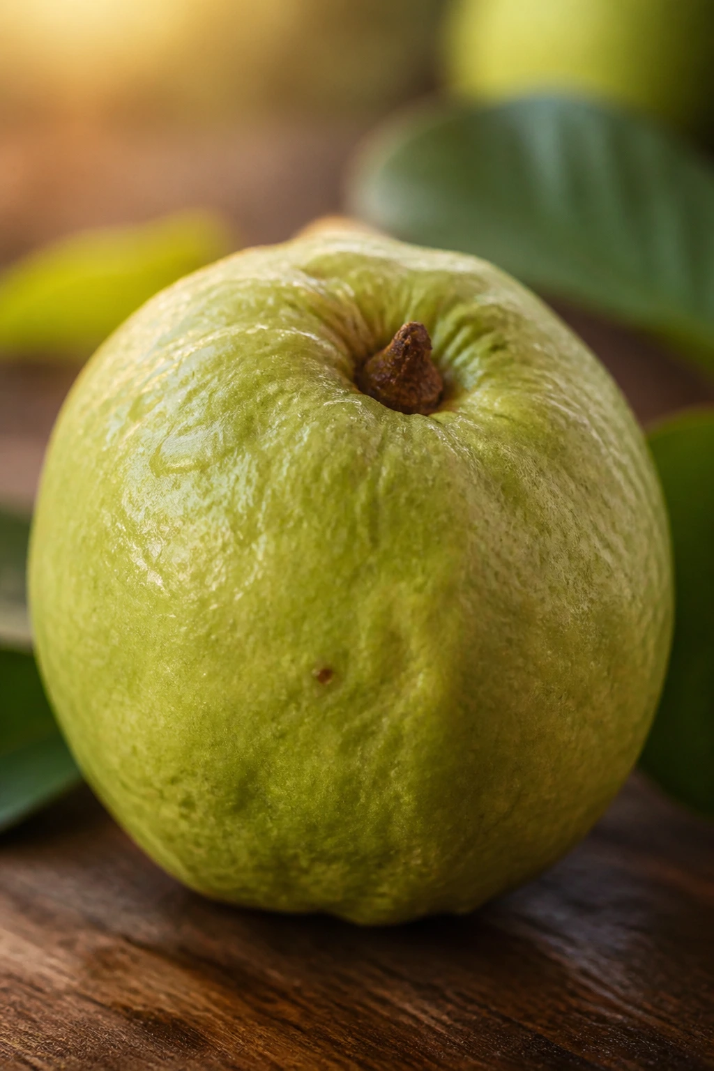 How Can You Tell If A Guava Is Ripe: Indicators to Look For 3 Ripe guava on wooden table with warm light suggesting a sweet aroma