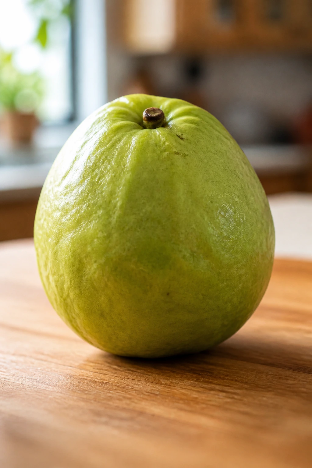 Is Guava Fruit Good For Diabetes? Benefits, Effects & More 7 Single whole guava on a wooden countertop under natural light