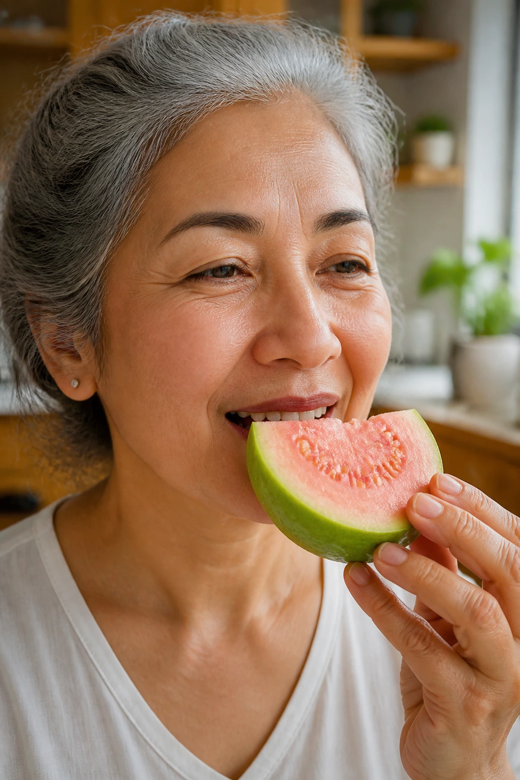 Is Guava Fruit Good For Diabetes? Benefits, Effects & More 11 Real person about to bite a guava slice in a sunny kitchen