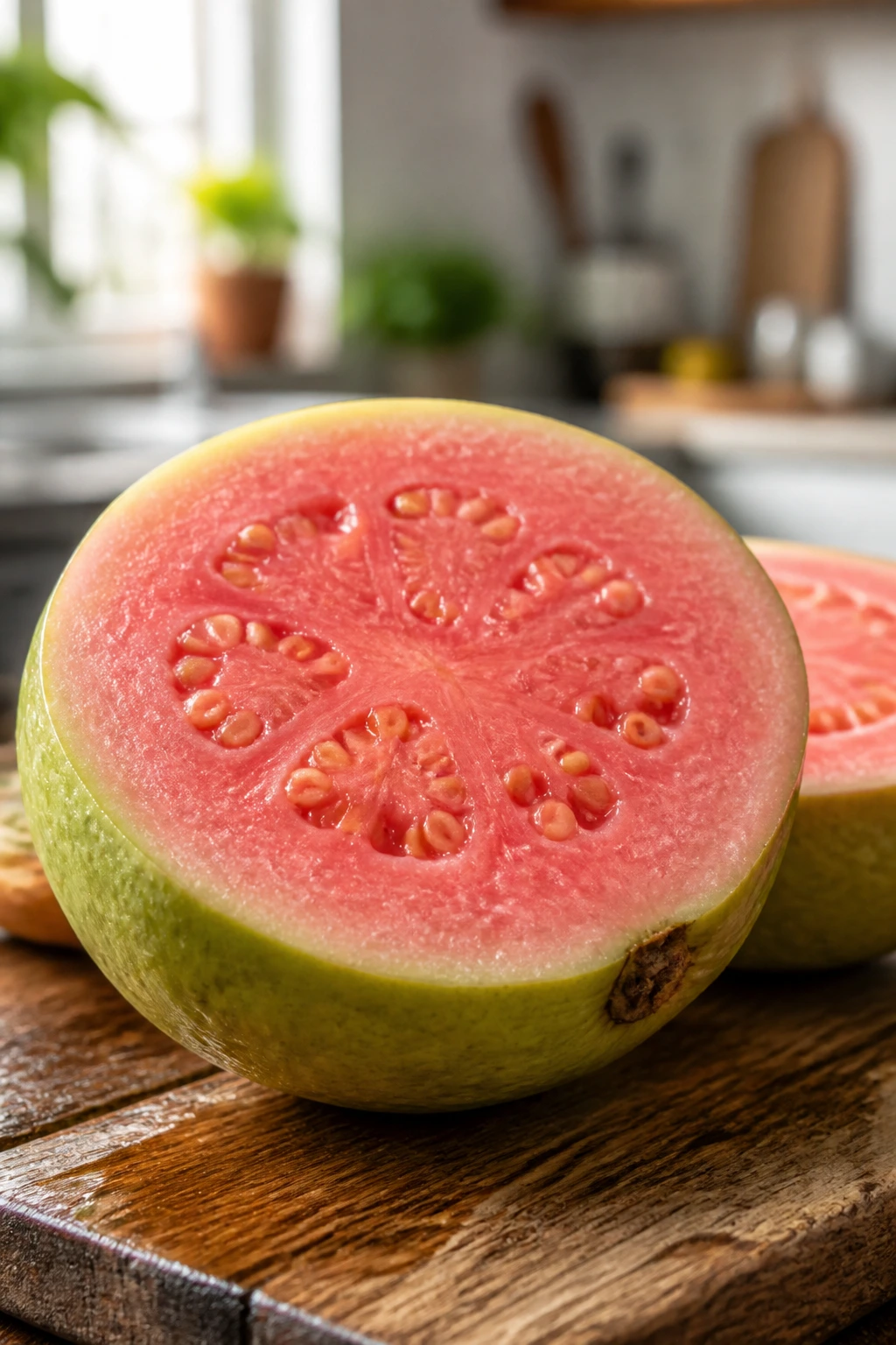 Is Guava Fruit Good For Diabetes? Benefits, Effects & More 12 Close-up of a sliced ripe guava showing pink flesh on a wooden board