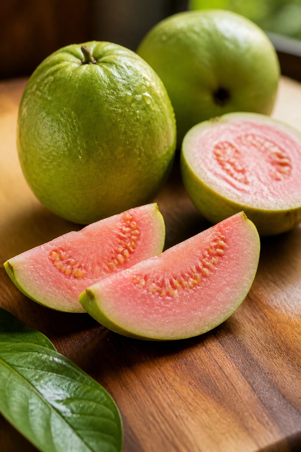 Ripe guava on wooden surface in warm kitchen light