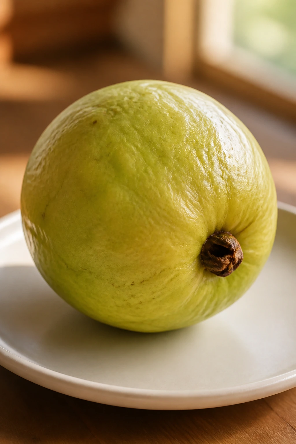 Is Guava Fruit Good For Diabetes? Benefits, Effects & More 10 Close-up of a ripe guava on a plate in sunny kitchen