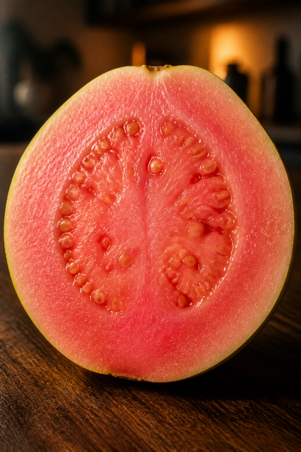 Is It Good To Eat Guava At Night? 10 Health Benefits 1 Close-up of a ripe guava half with pink flesh on a dark wooden counter at night