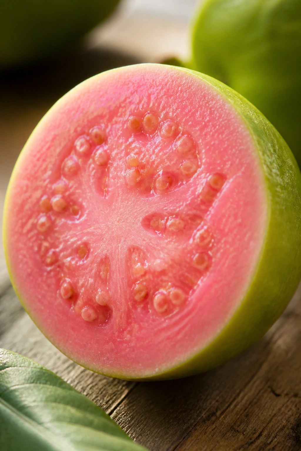 Halved guava with pink flesh on a wooden surface