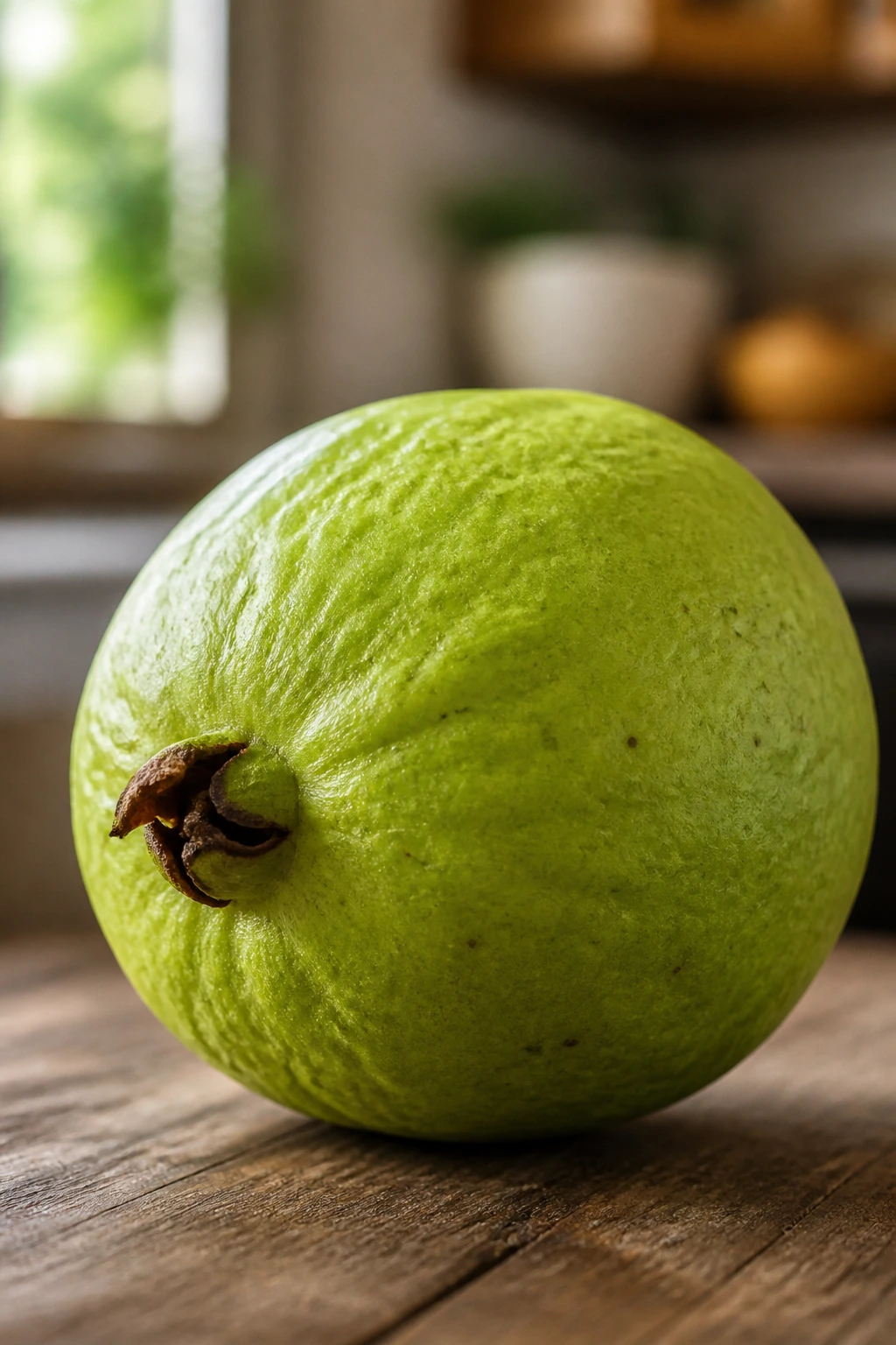 Single ripe guava on a wooden surface with soft light