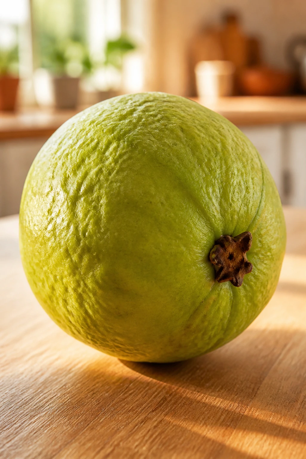 Is Guava Fruit Good For Diabetes? Benefits, Effects & More 13 Close-up of a ripe guava filling the frame on a wooden counter