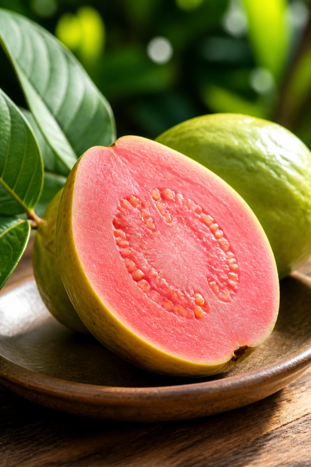 Is Guava Fruit Good For Diabetes? Benefits, Effects & More 9 Halved guava with pink flesh on rustic plate in garden light