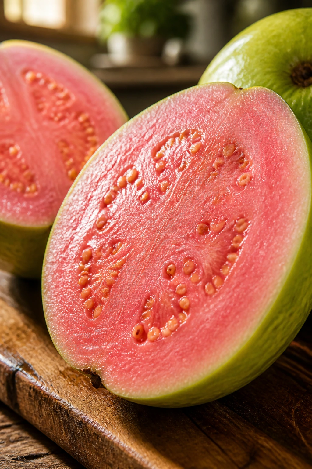Is Guava Fruit Good For Diabetes? Benefits, Effects & More 6 Close-up of halved guava showing pink flesh on a wooden board in a sunlit kitchen