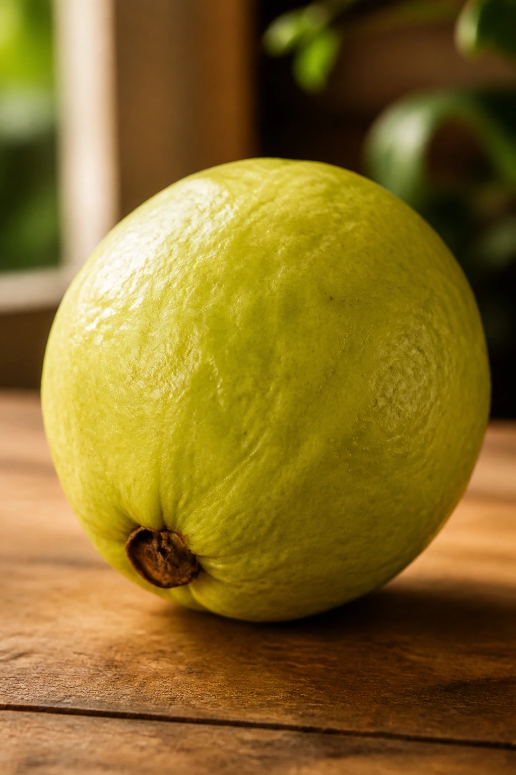 Close-up of a ripe guava on a wooden kitchen counter