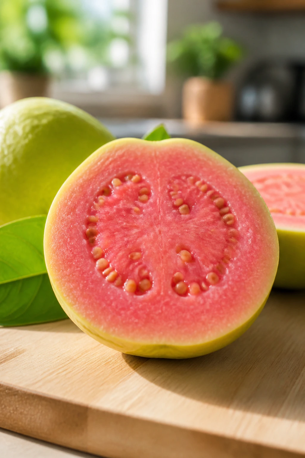 Cross-section of guava showing pink flesh