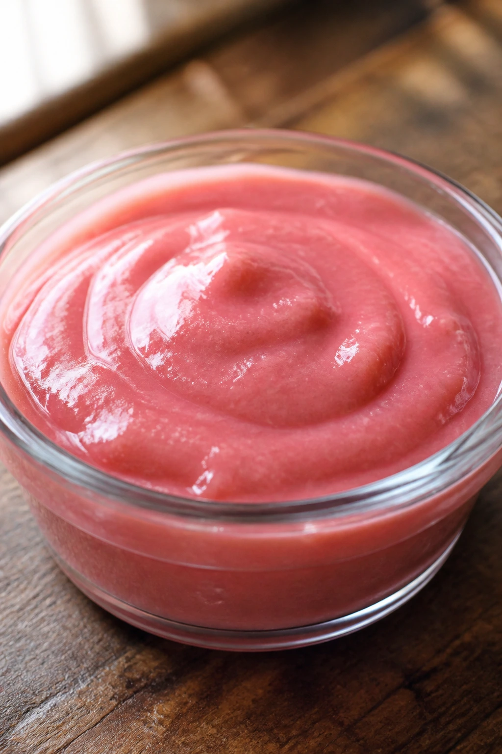 How To Make Guava Puree At Home – Step By Step Guide 1 Close-up of bright pink guava puree in a glass bowl on a wooden counter
