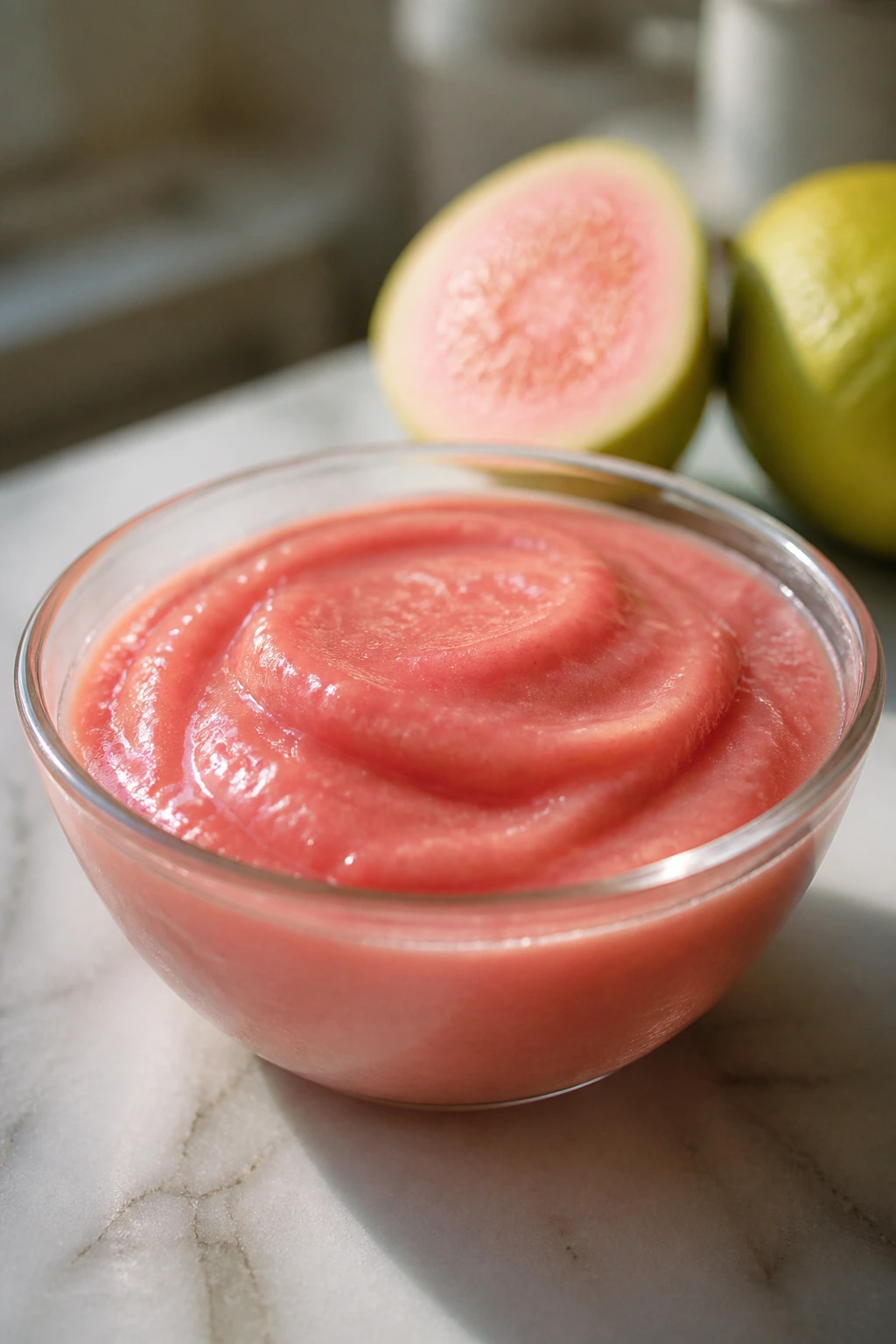 How To Make Guava Puree At Home – Step By Step Guide 2 Fresh guava puree in a glass bowl on a sunny kitchen counter