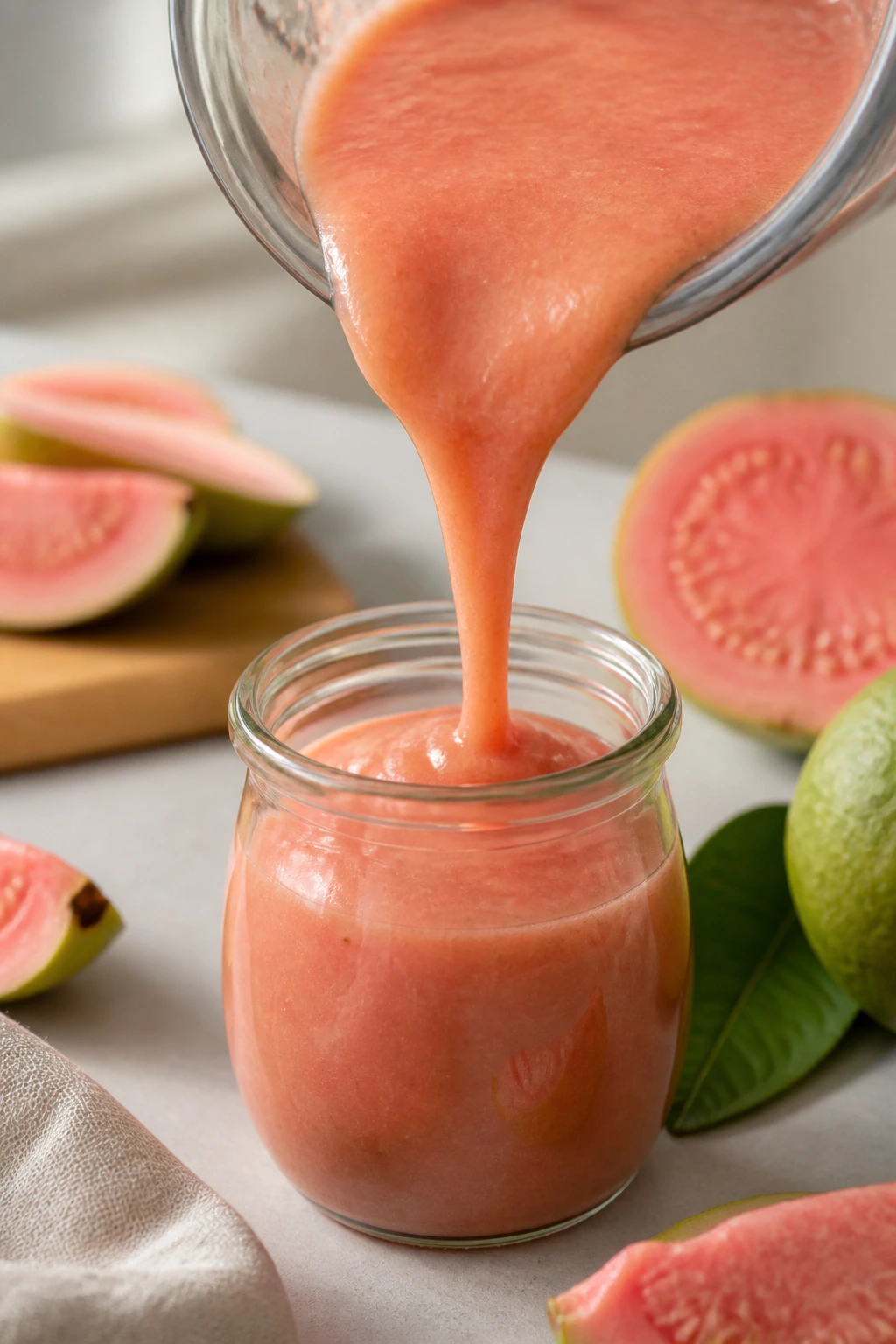 How To Make Guava Puree At Home – Step By Step Guide 4 Smooth guava puree being poured into a jar on a kitchen counter