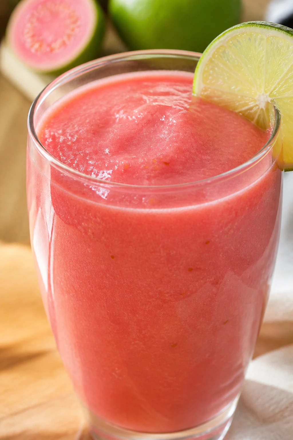 Close-up of Guava Goddess Smoothie in a glass on a light kitchen counter
