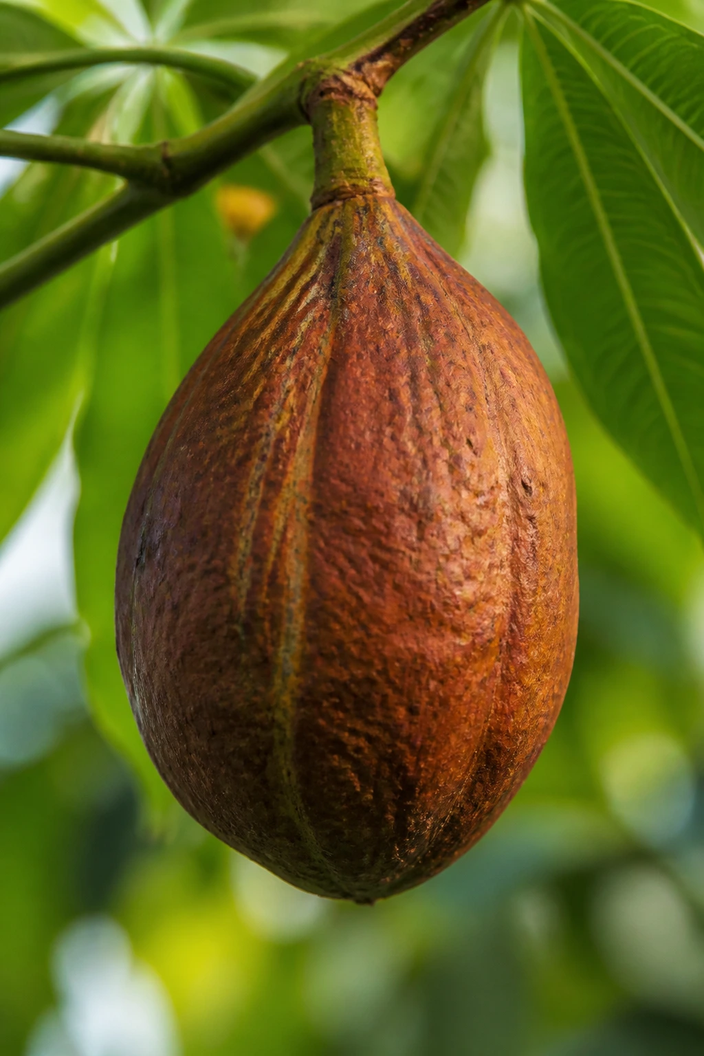 Guiana Chestnut (Pachira Aquatica): All You Need To Know 3 Close-up of a single ripe Guiana Chestnut fruit on a tree branch