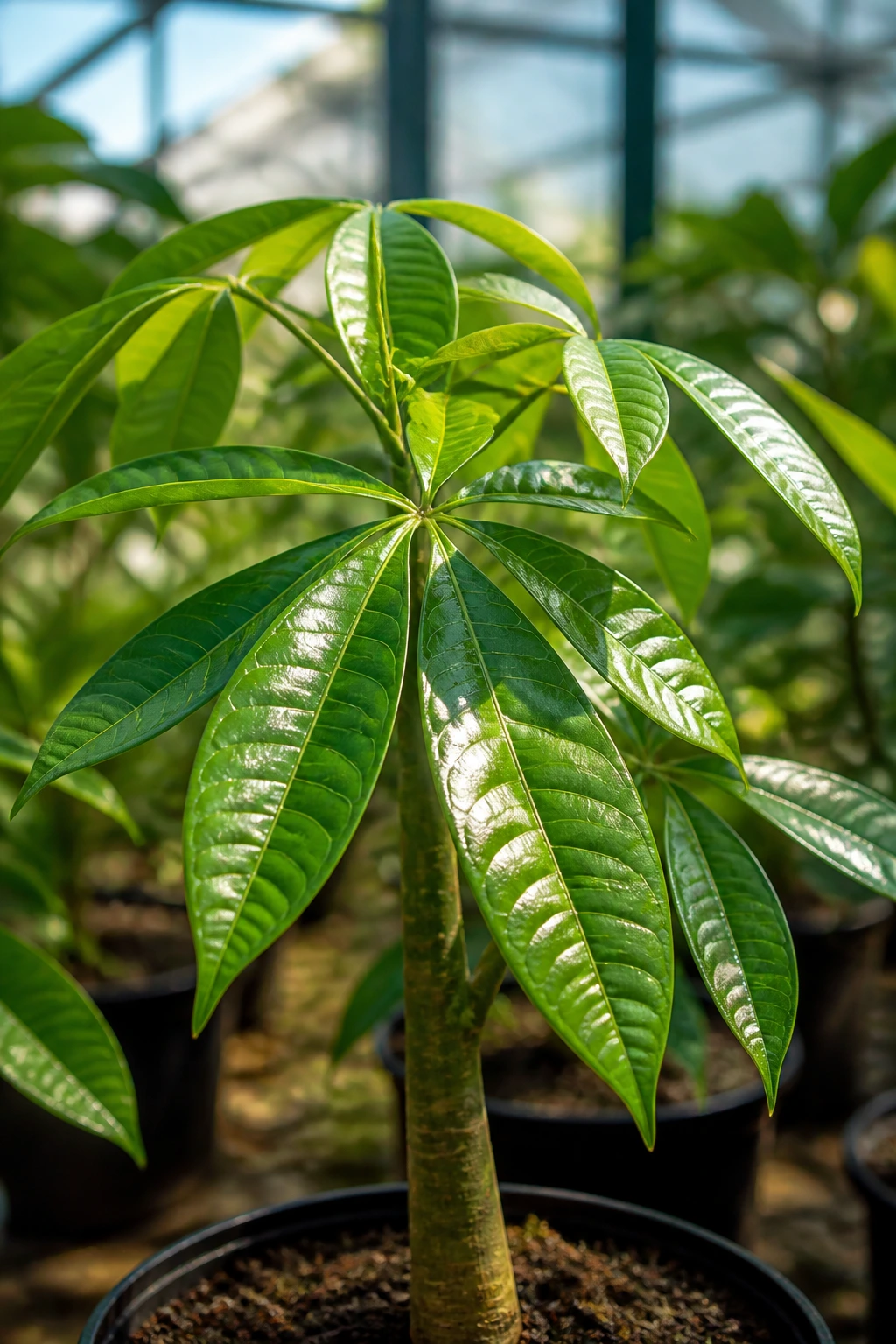 Guiana Chestnut (Pachira Aquatica): All You Need To Know 1 Close-up of a young Guiana Chestnut sapling with glossy leaves in a tropical greenhouse