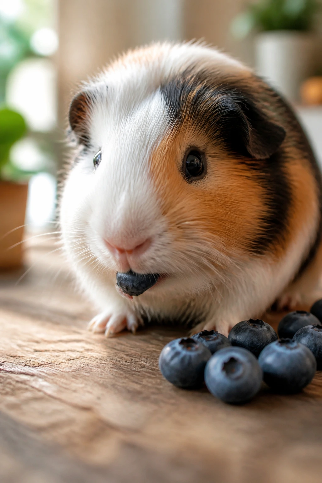 Can Guinea Pigs Eat Blueberries? All You Need To Know 1 Guinea pig close-up nibbling a blueberry on a wooden kitchen counter.