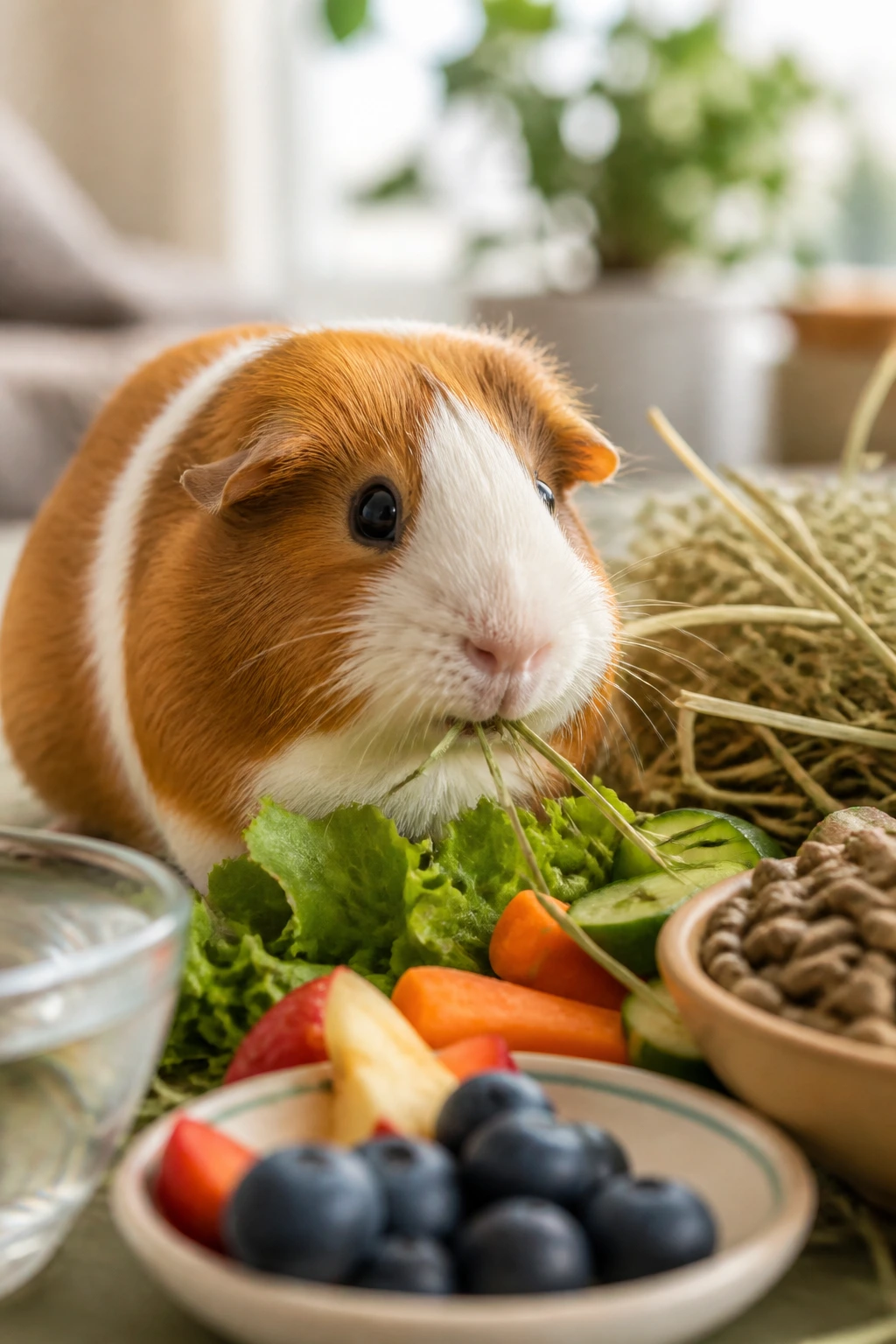 Can Guinea Pigs Eat Blueberries? All You Need To Know 4 Guinea pig eating hay and greens in a bright kitchen.