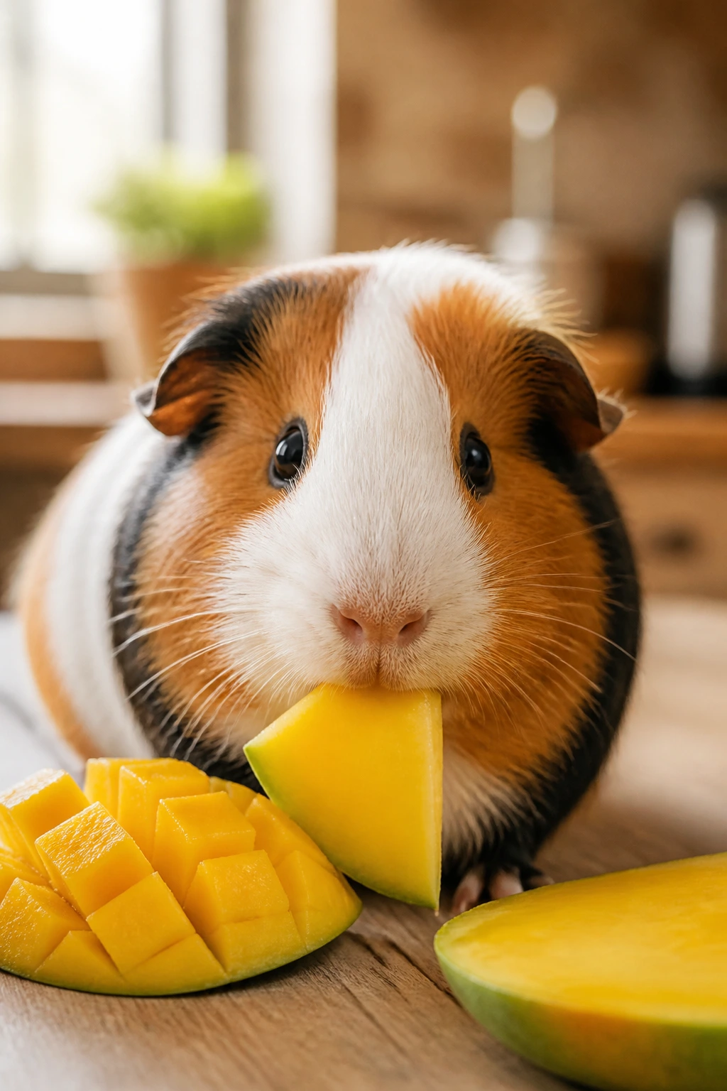 Close-up of a guinea pig with a mango wedge in a cozy home setting