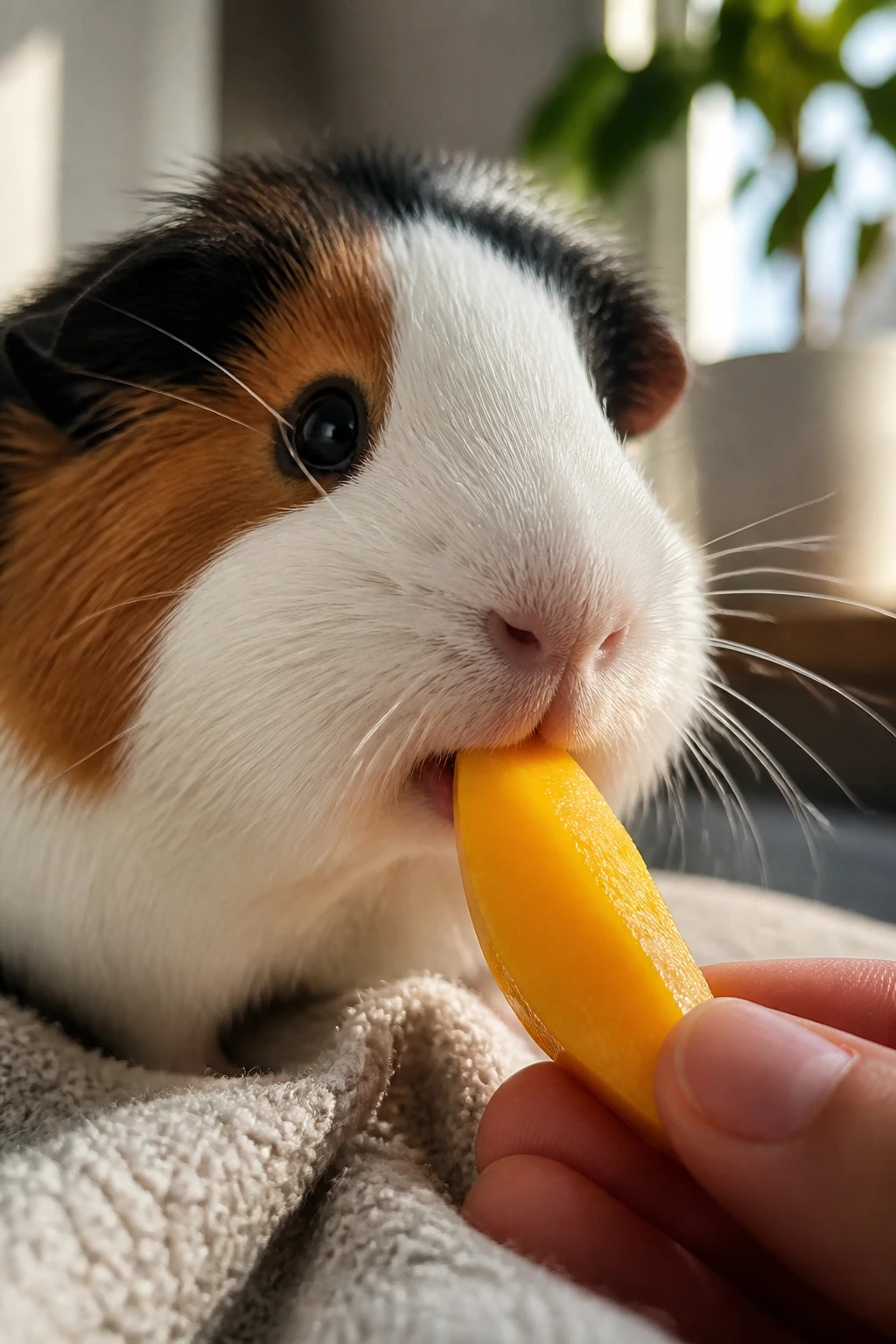 Guinea pig with a mango slice near its mouth in a bright home