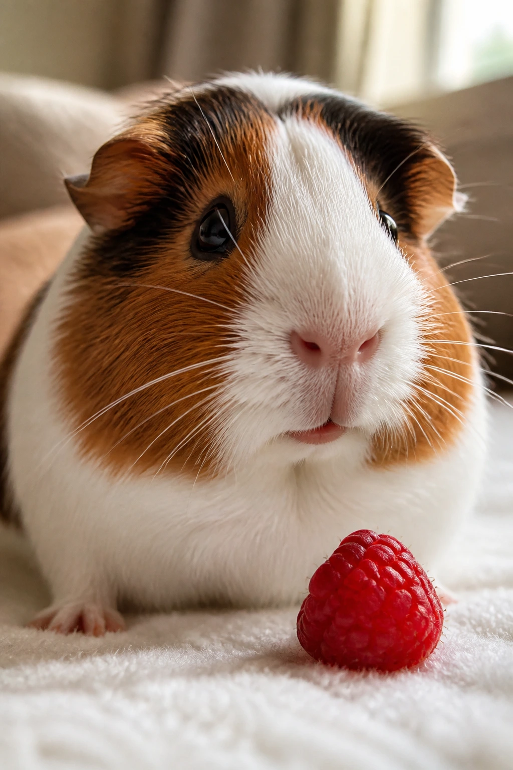 Can Guinea Pigs Eat Raspberries? All You Need To Know 2 Close-up portrait of a real guinea pig in a cozy home setting