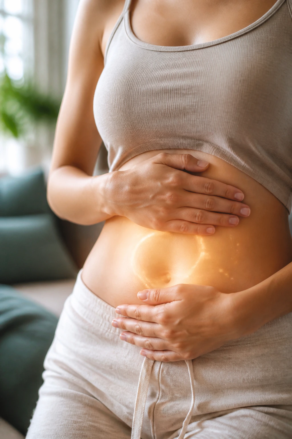 Close-up of torso with hands on abdomen, symbolizing gut health support