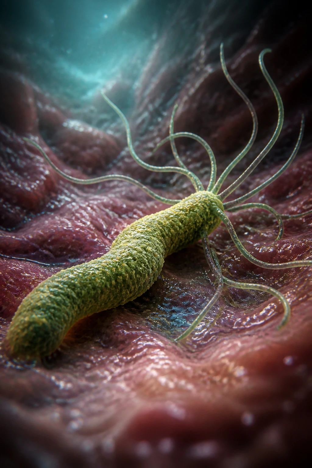 Close-up micrograph of spiral-shaped H. pylori bacteria in mucus-like environment