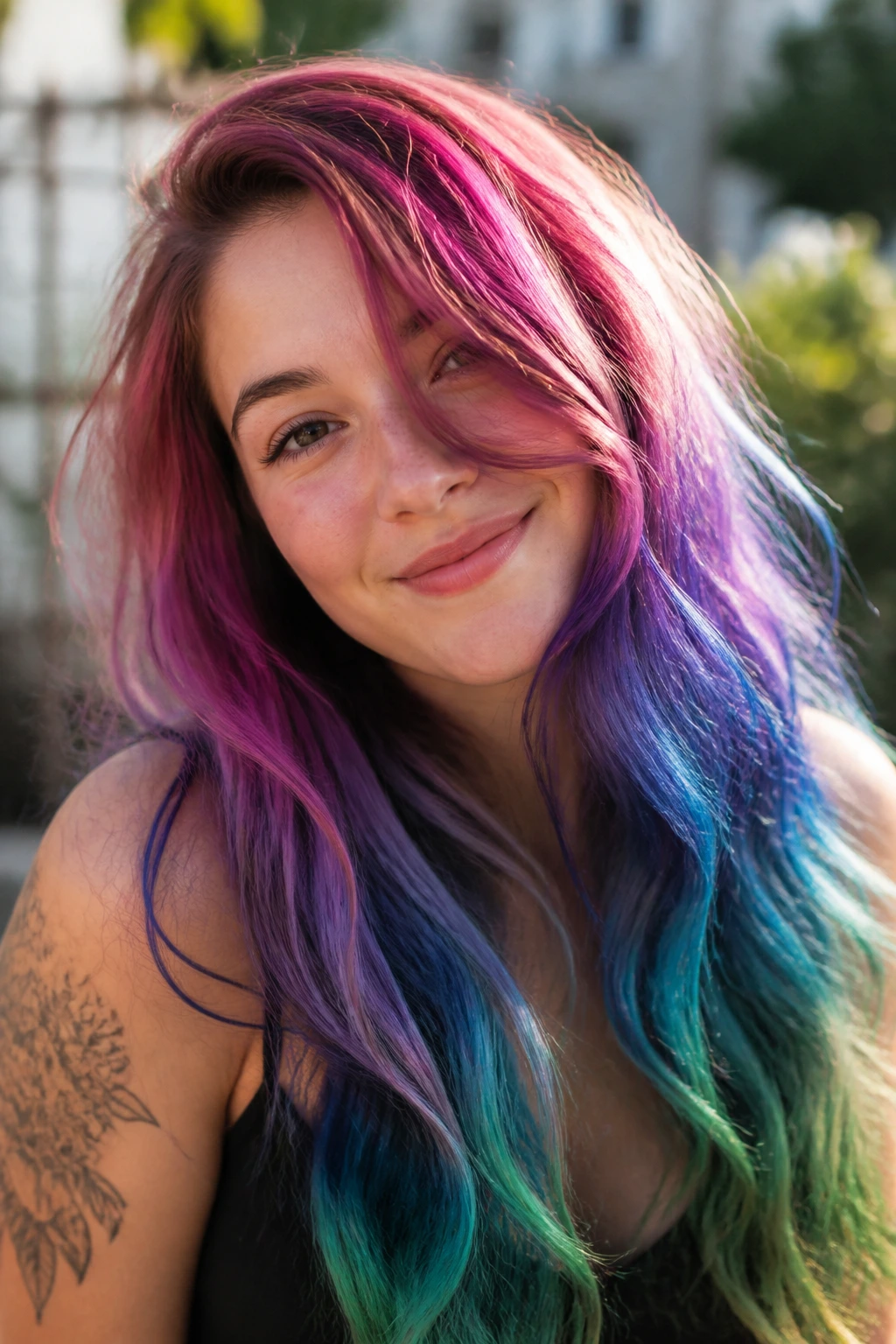 Close-up of a person with vibrant colored hair