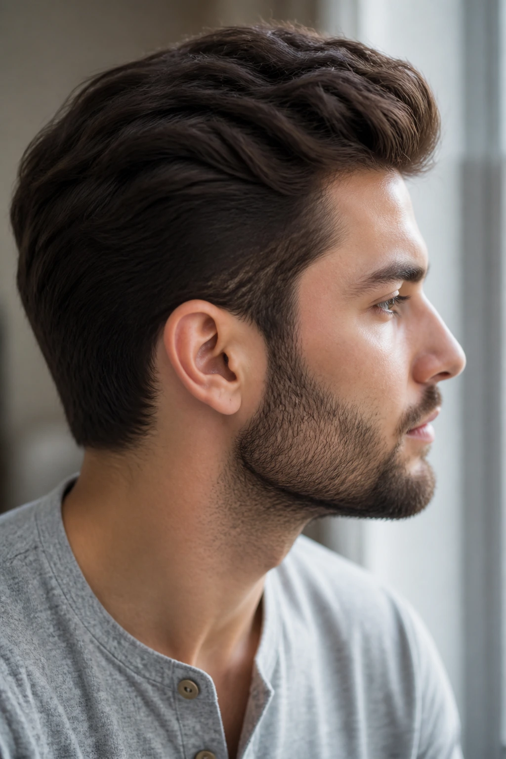 Portrait of a real person with dense hair to imply stopping hair loss