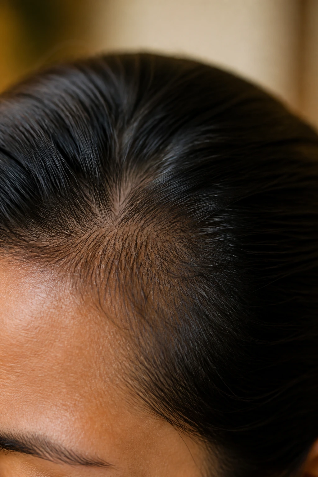 Macro close-up of a real person's scalp showing strong hair follicles