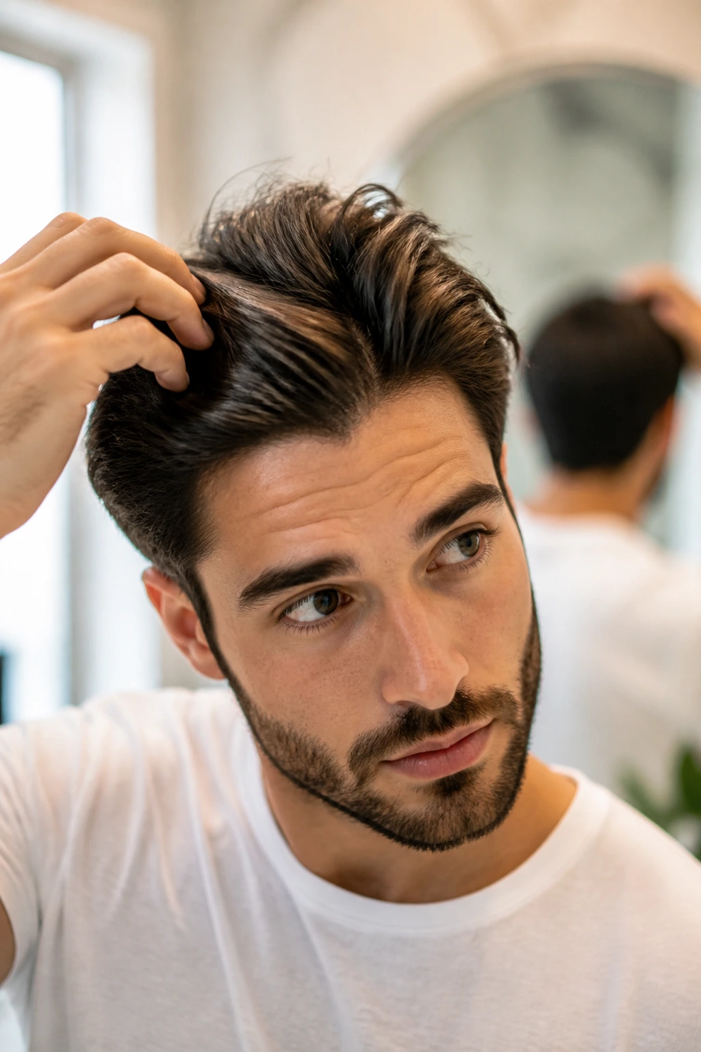 Close-up of a real man's hair and scalp in a bathroom with natural light