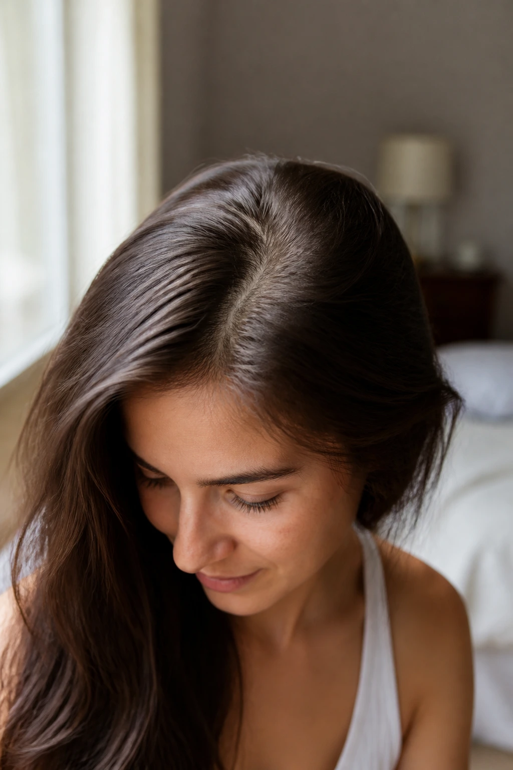 Close-up of a woman's head with visible hair growth on the crown