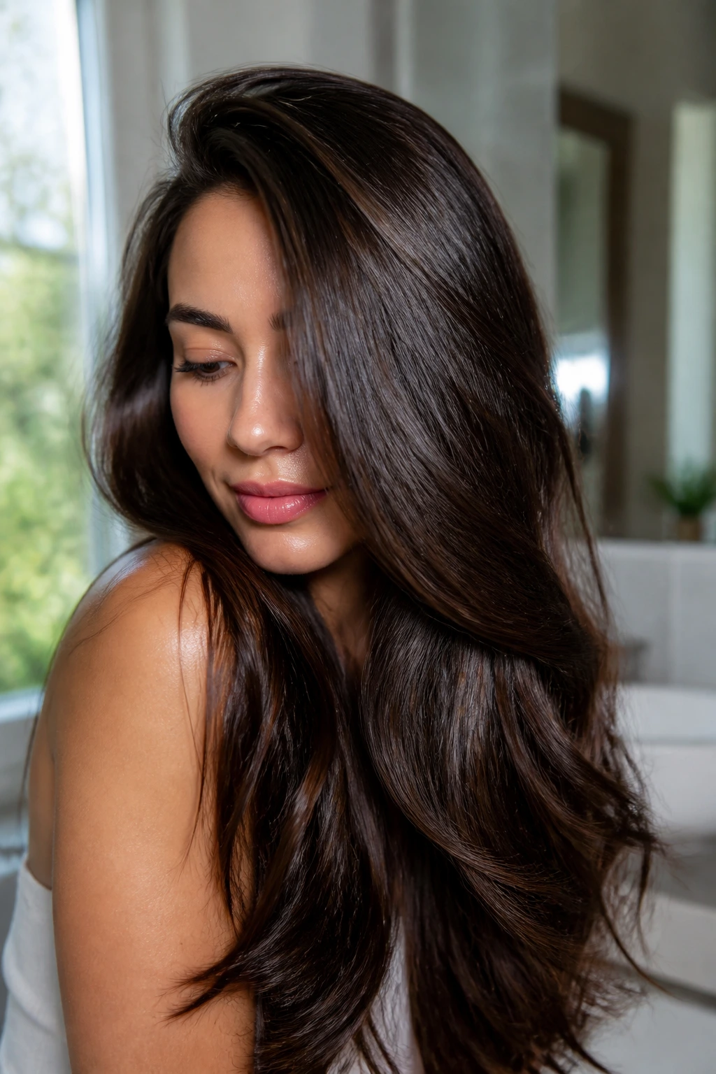 Close-up of a real person with glossy healthy hair under natural window light
