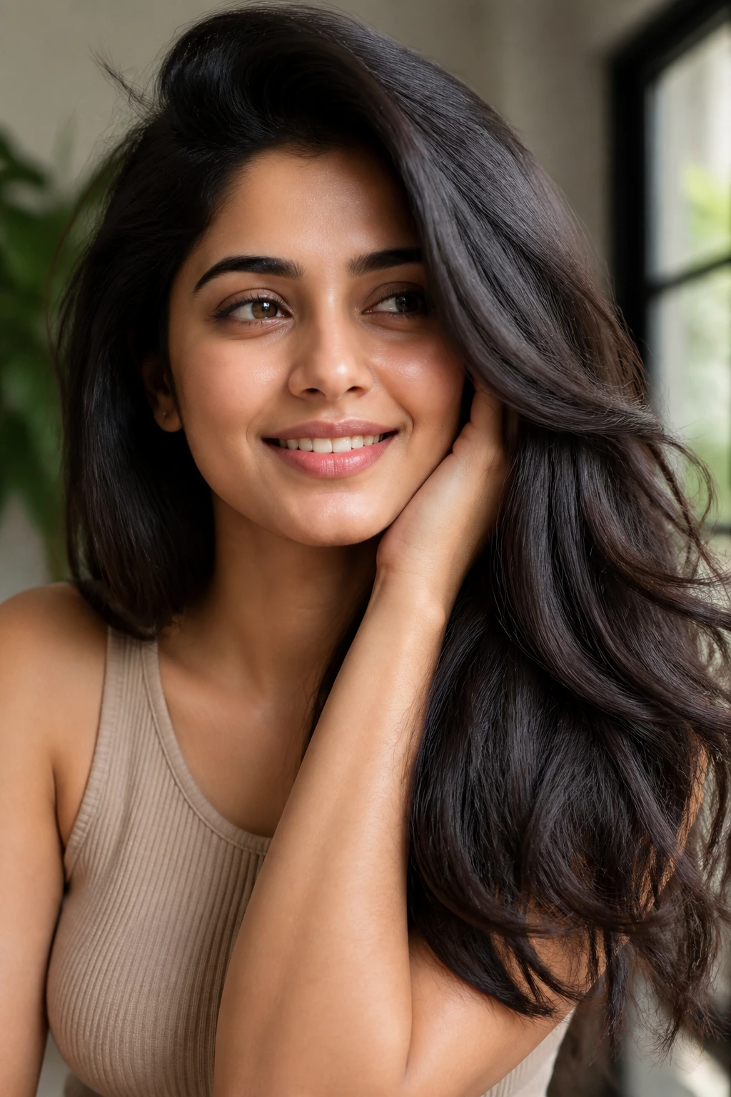 Close-up portrait of a person with shiny healthy hair