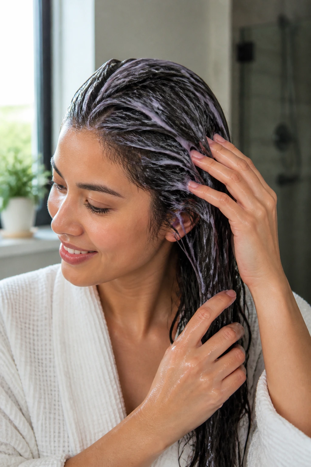 10 Benefits Of Dragon Fruit For Hair Growth And Shine 10 Real person applying hair mask at home in bright bathroom