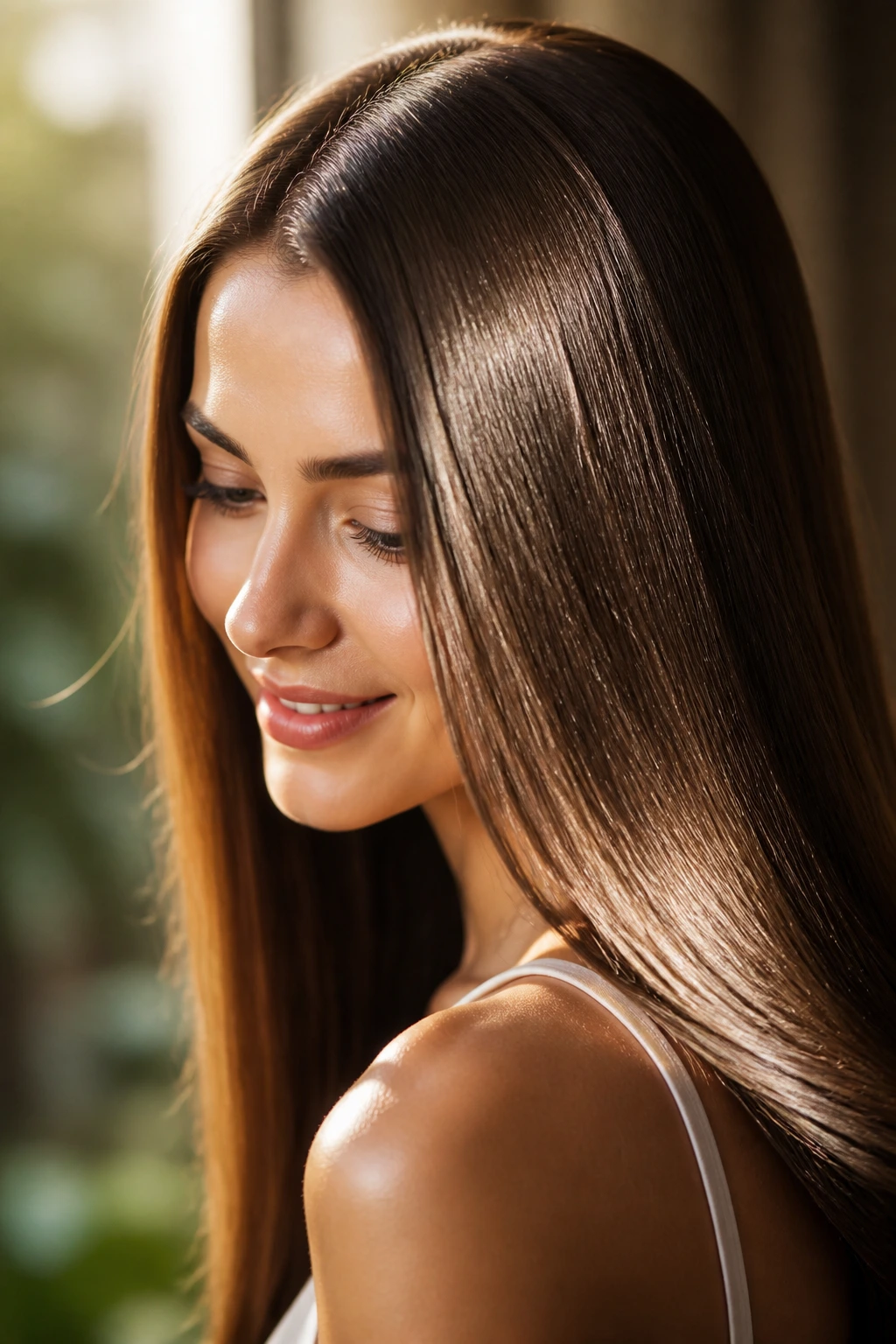 Portrait of a person with shiny hair in natural light
