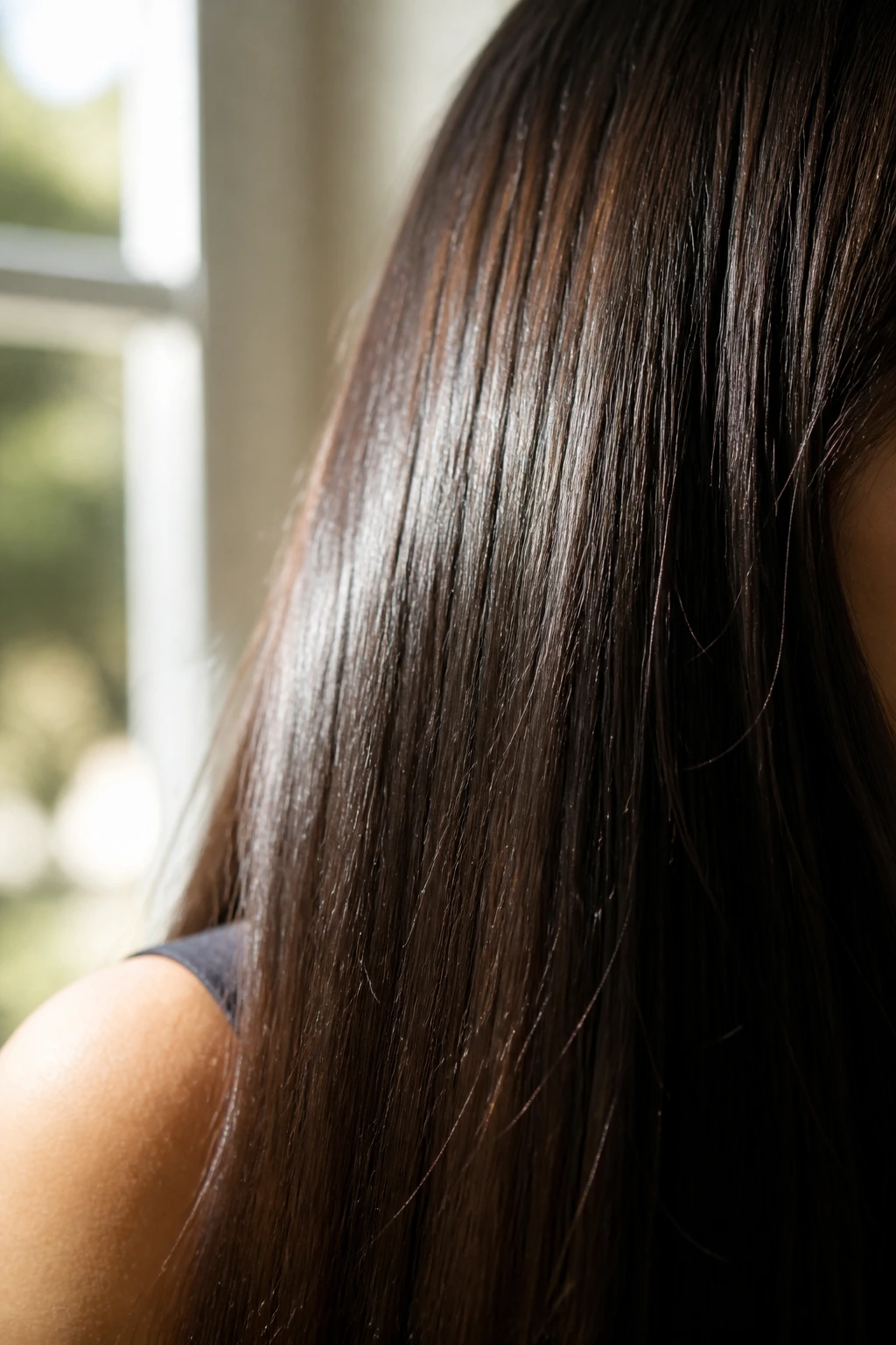 Close-up of smooth, shiny hair strands on a real person's head