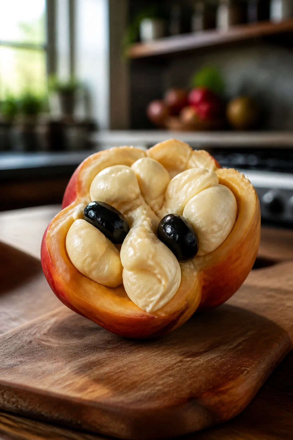 Half-cut ackee showing creamy flesh and black seeds on cutting board