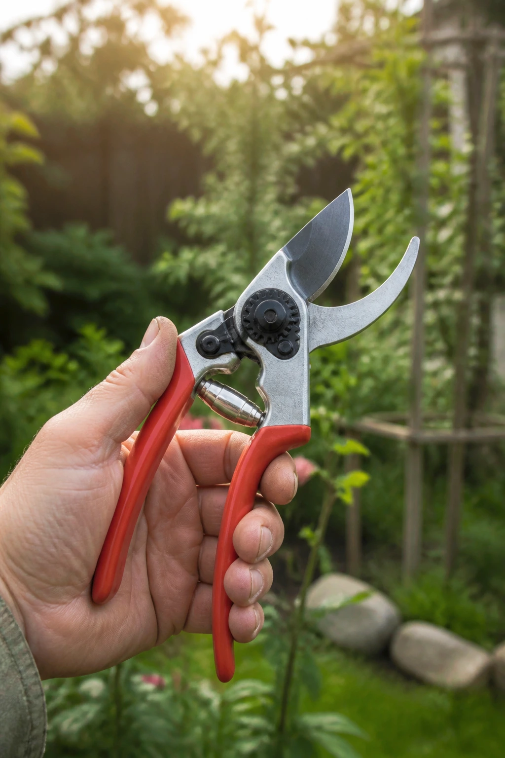 When Is A Good Time To Prune Fruit Trees? 5 Close-up of a single hand pruner held by a gardener's hand