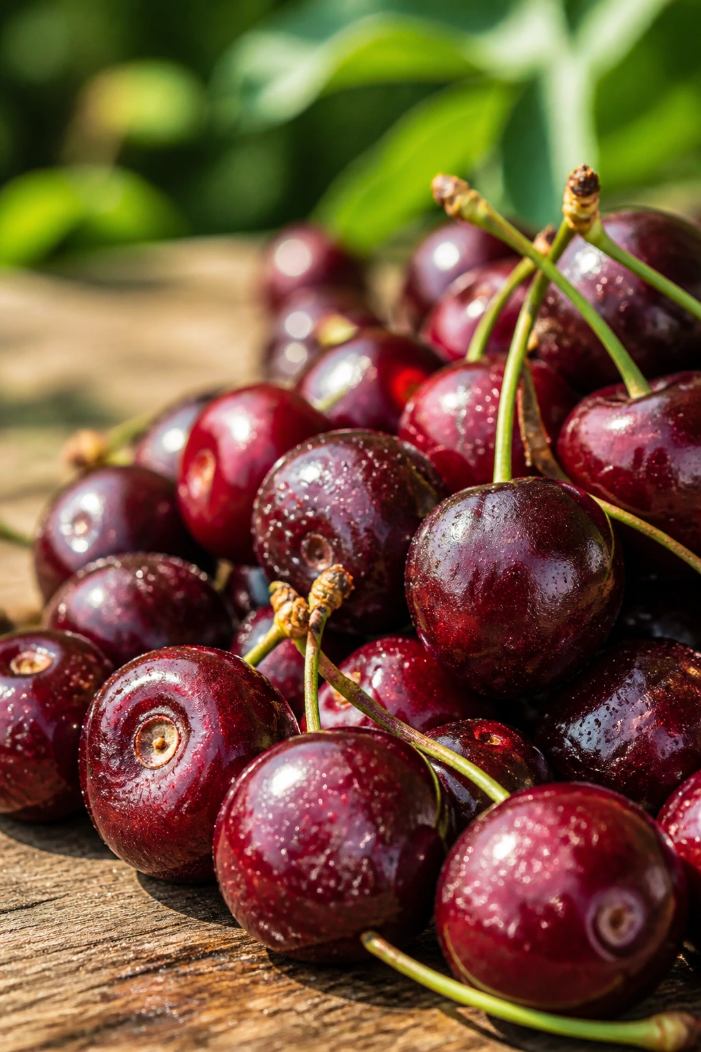 Handful of cherries filling the frame outdoors on a wooden table