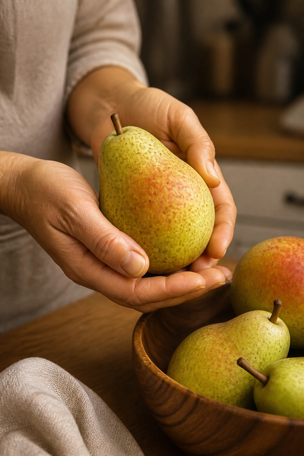 Texture Matters: Why Are Pears Gritty? 6 Hands gently cradling a pear in a kitchen setting