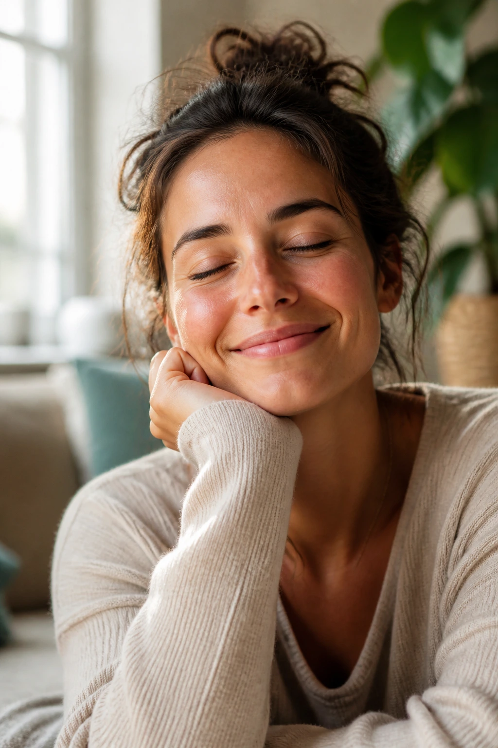10 Surprising Health Benefits Of Being A Fruitarian 7 Close-up of a relaxed, smiling person to convey feeling happier and calmer.