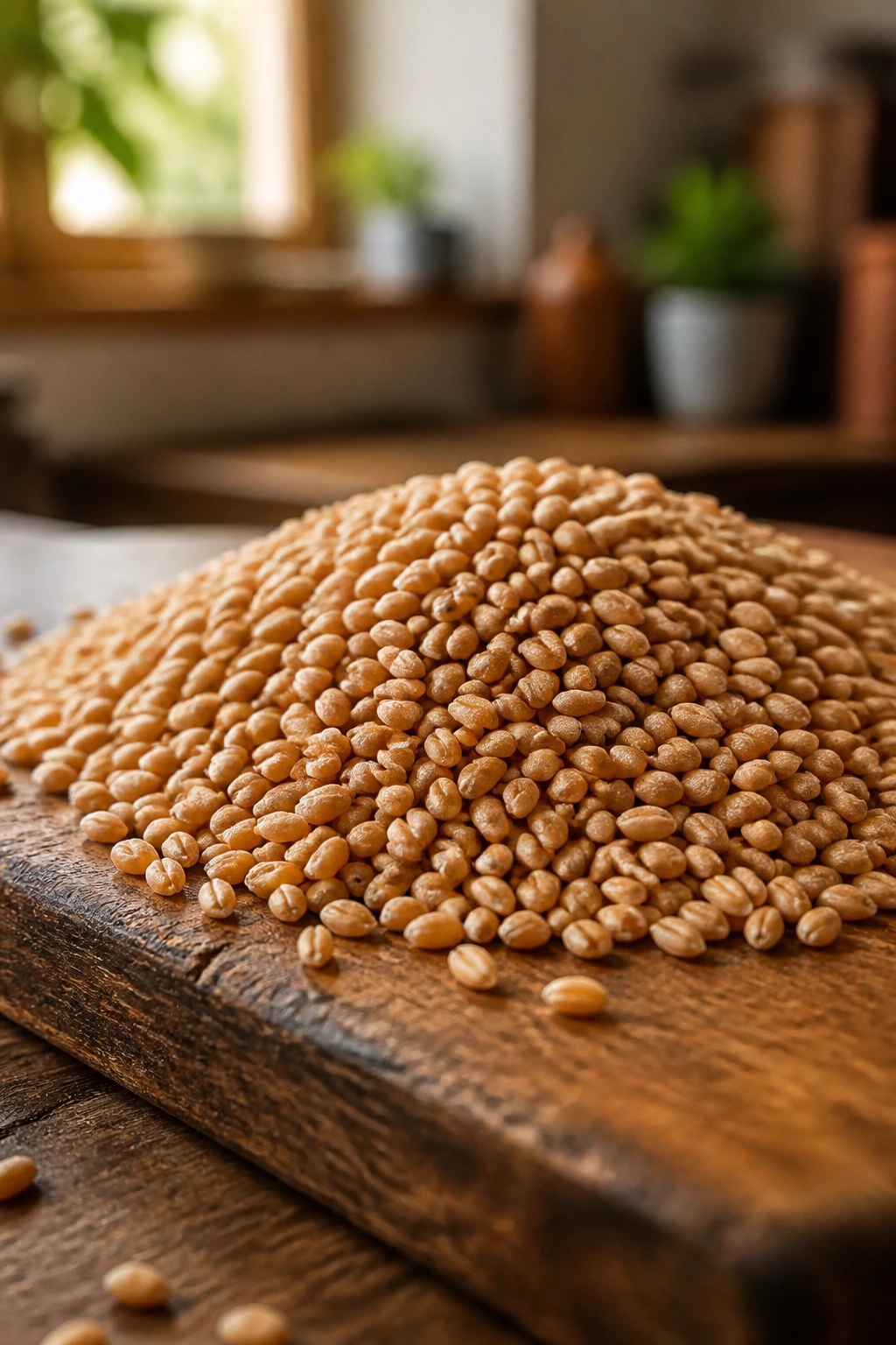 Hard Vs Soft Wheat Berries: What’s Really The Difference? 1 Close-up of hard wheat berries piled on a wooden cutting board in warm kitchen light