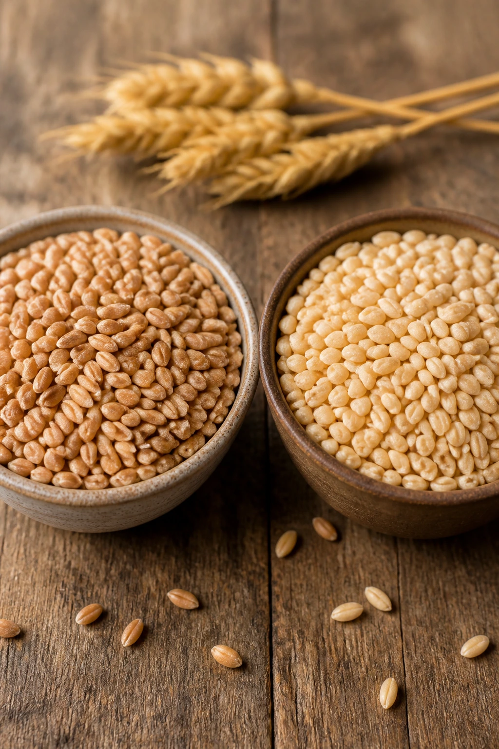 Hard Vs Soft Wheat Berries: What’s Really The Difference? 3 Two bowls of hard and soft wheat berries on a wooden table