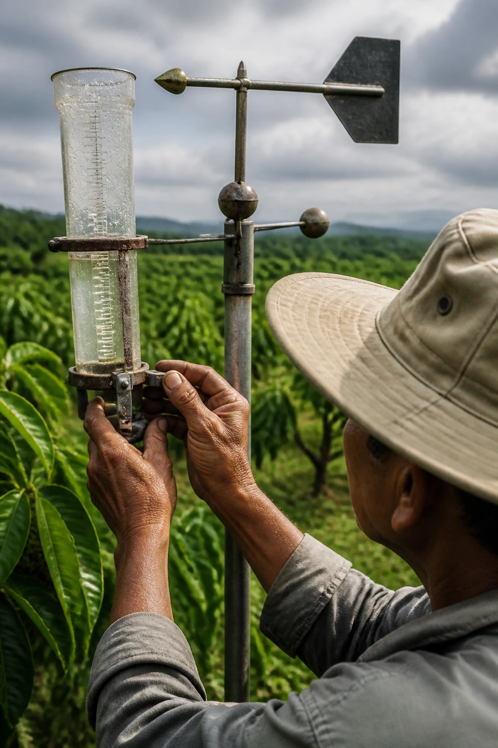 Farmer adjusting rain gauge in a soursop grove to time harvest