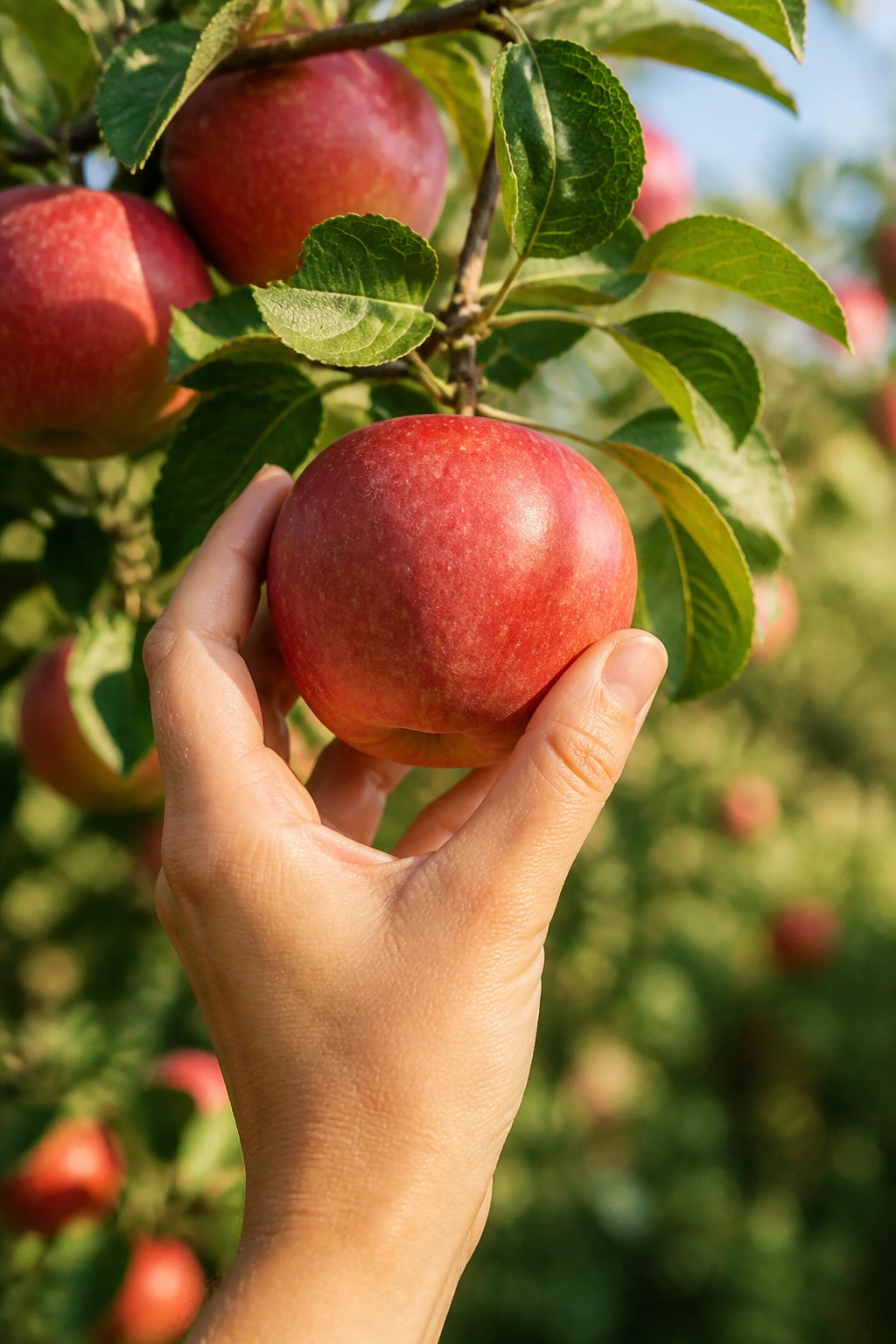 Hand picking a ripe apple from an apple tree