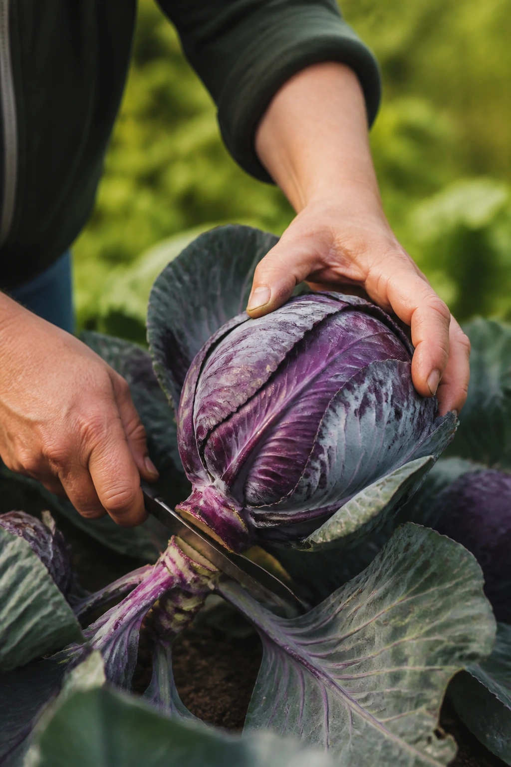Hands harvesting a red cabbage from a garden bed