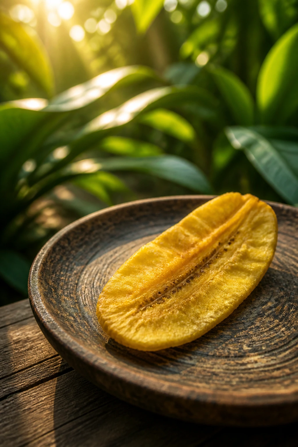 Plantain Chips Vs Potato Chips: Which is Better? 6 Plantain chip with green foliage background suggesting health benefits.