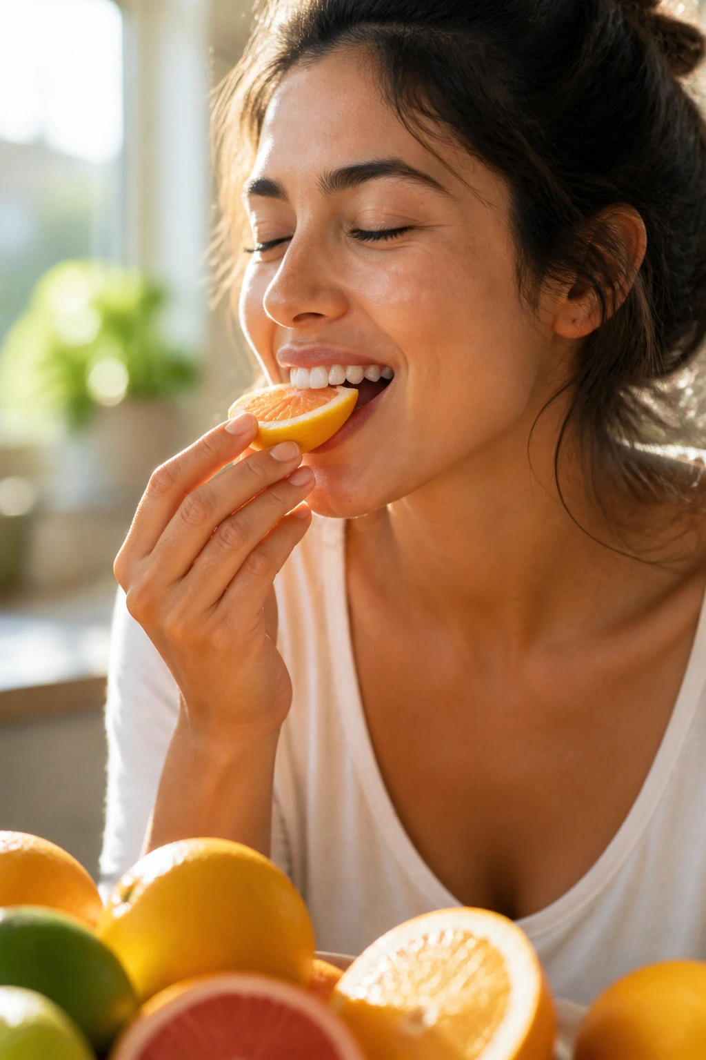 What Are Sub-Acid Fruits? Here's All You Need To Know 3 Healthy adult enjoying sub-acid fruit in a sunlit kitchen