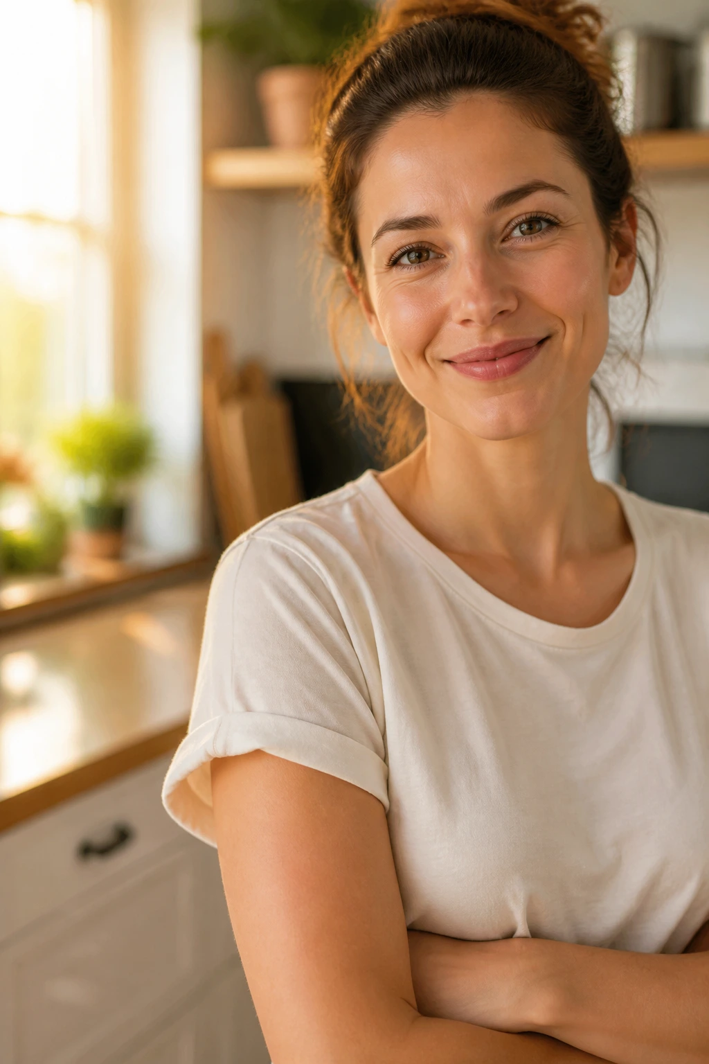 Portrait of a real person in a bright kitchen showing relief after eliminating fruit flies